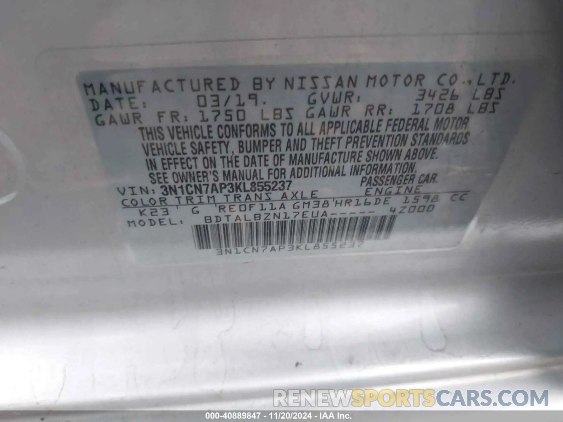 9 Фотография поврежденного автомобиля 3N1CN7AP3KL855237 NISSAN VERSA 2019