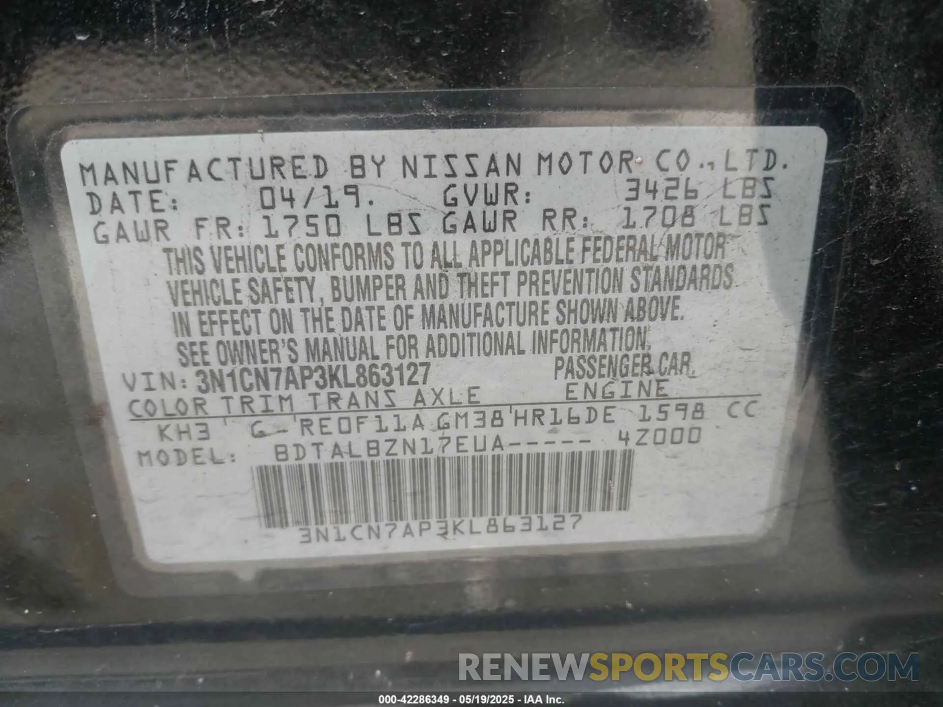 9 Photograph of a damaged car 3N1CN7AP3KL863127 NISSAN VERSA 2019