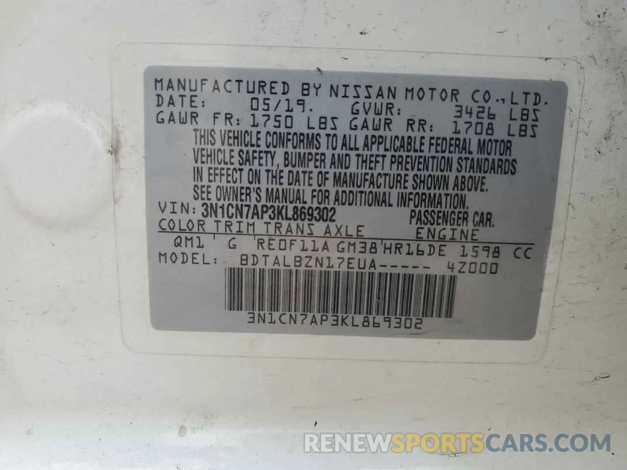 13 Фотография поврежденного автомобиля 3N1CN7AP3KL869302 NISSAN VERSA 2019