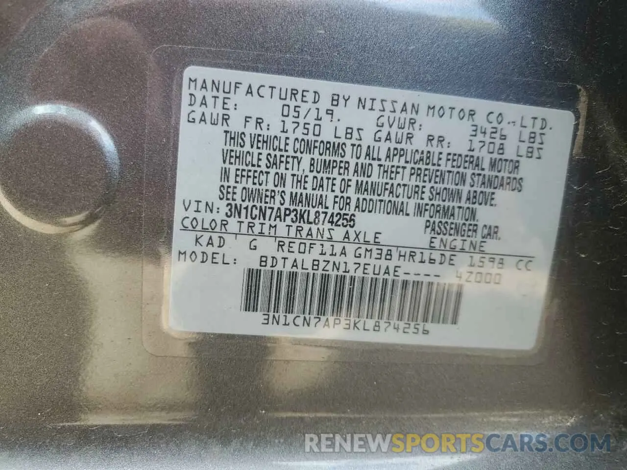 12 Фотография поврежденного автомобиля 3N1CN7AP3KL874256 NISSAN VERSA 2019