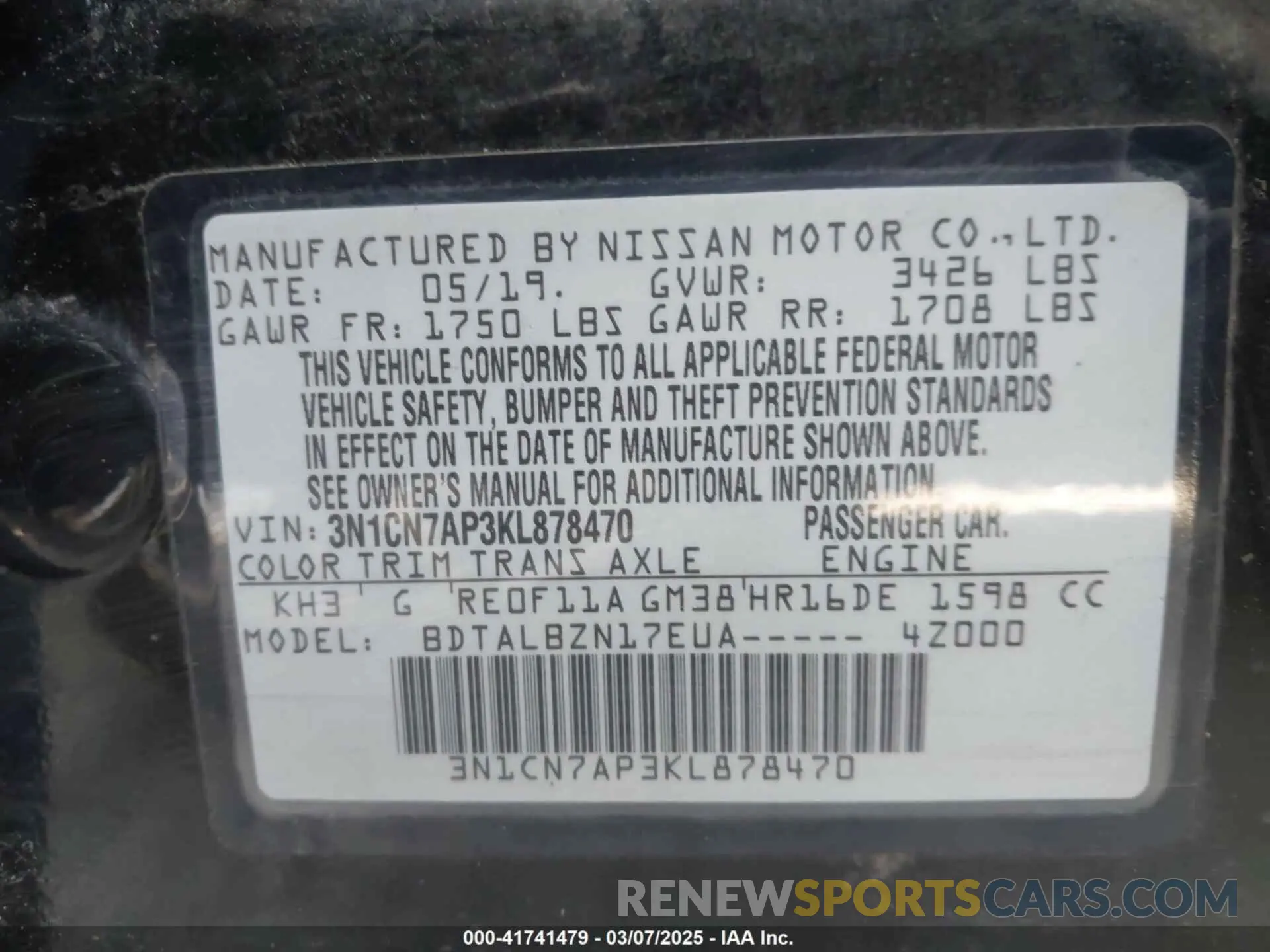 9 Photograph of a damaged car 3N1CN7AP3KL878470 NISSAN VERSA 2019