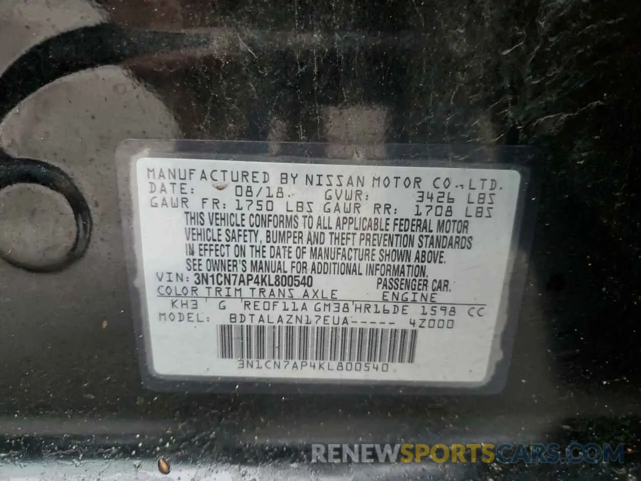 15 Фотография поврежденного автомобиля 3N1CN7AP4KL800540 NISSAN VERSA 2019