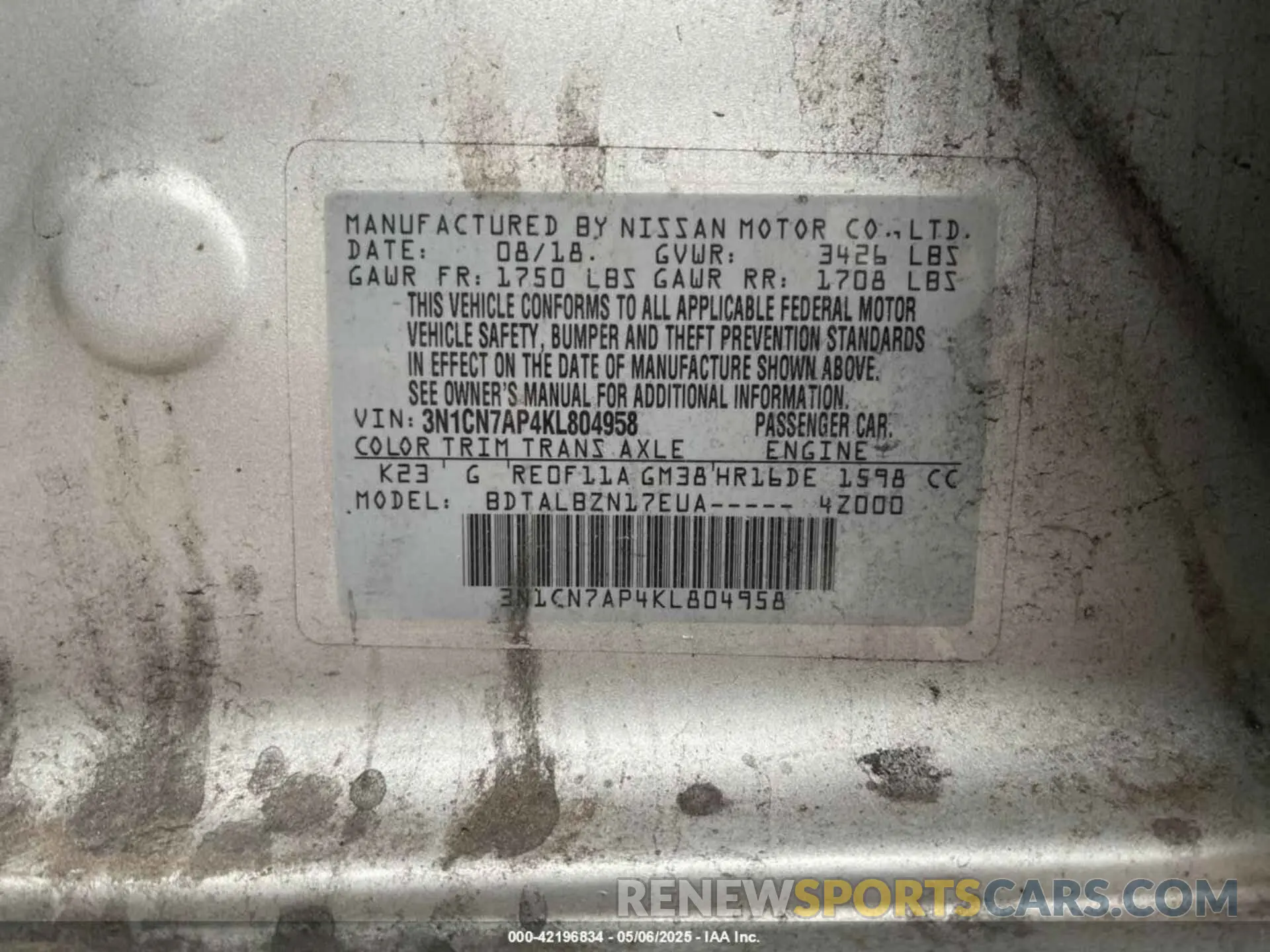 9 Photograph of a damaged car 3N1CN7AP4KL804958 NISSAN VERSA 2019