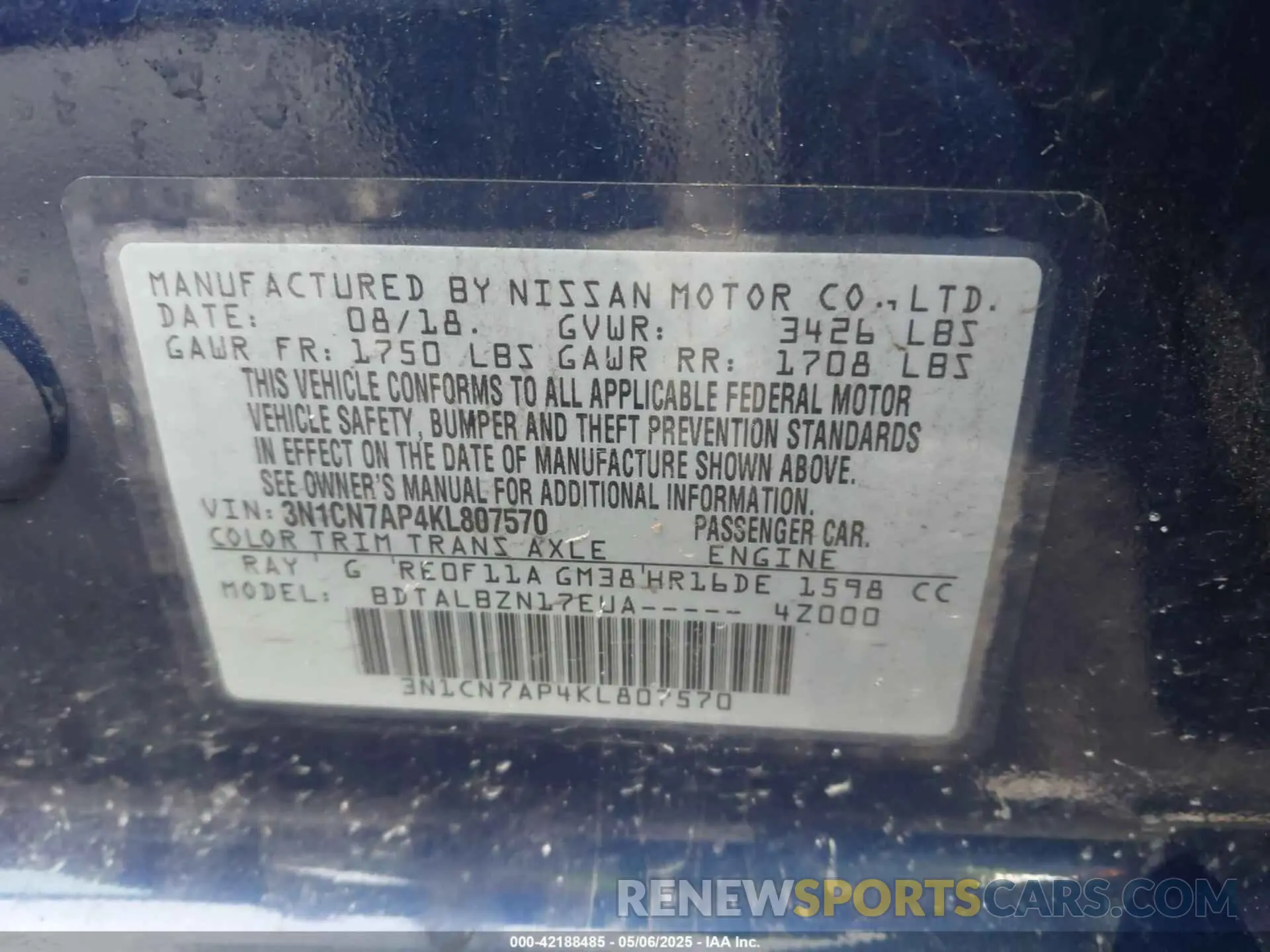 9 Фотография поврежденного автомобиля 3N1CN7AP4KL807570 NISSAN VERSA 2019