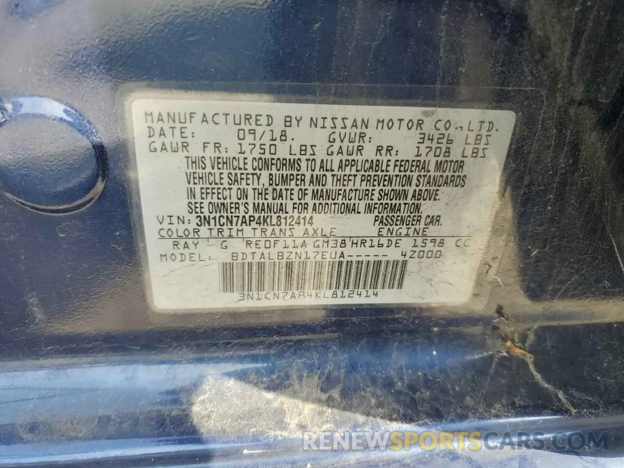 12 Фотография поврежденного автомобиля 3N1CN7AP4KL812414 NISSAN VERSA 2019