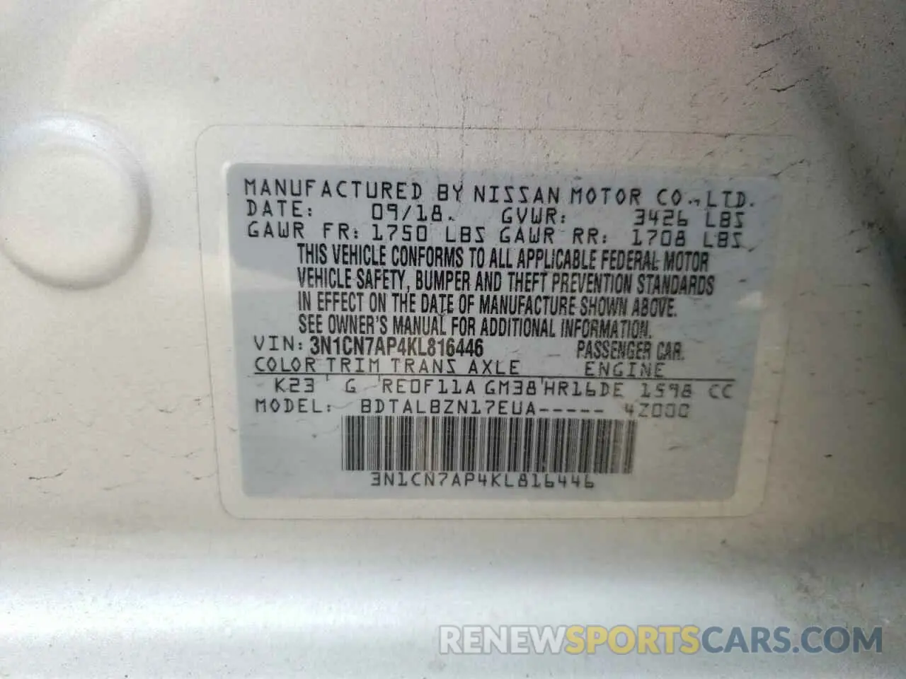 12 Photograph of a damaged car 3N1CN7AP4KL816446 NISSAN VERSA 2019
