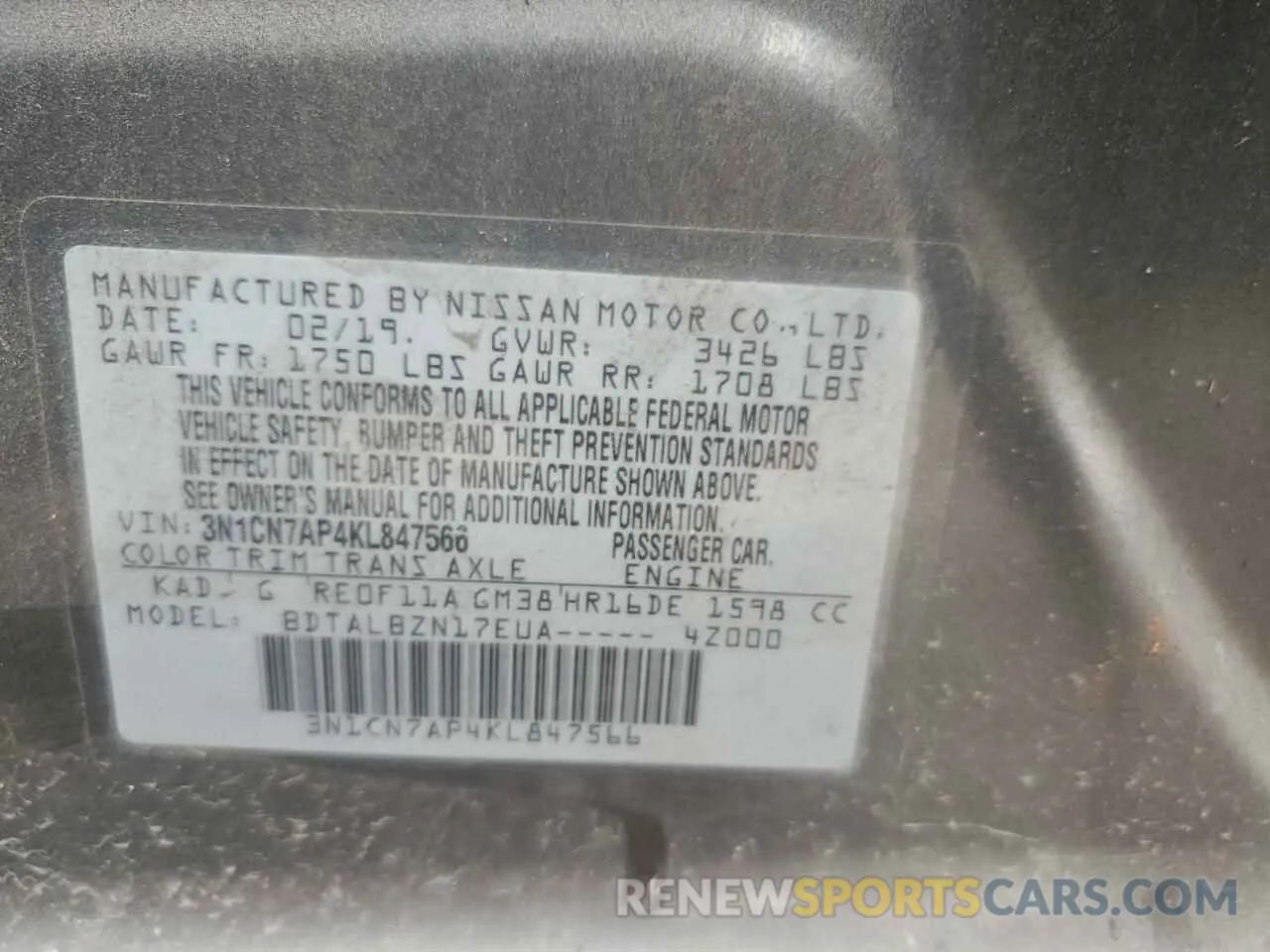 12 Photograph of a damaged car 3N1CN7AP4KL847566 NISSAN VERSA 2019