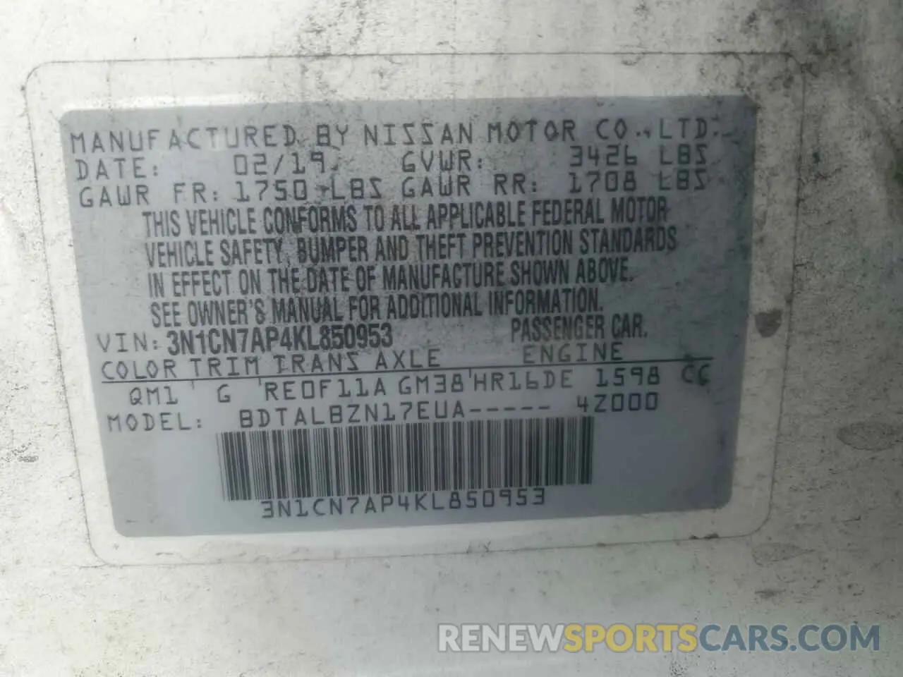 12 Photograph of a damaged car 3N1CN7AP4KL850953 NISSAN VERSA 2019