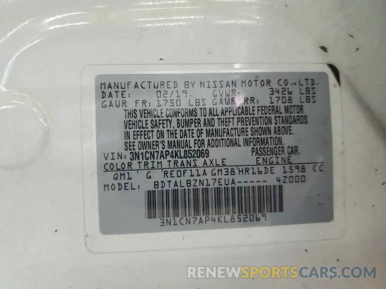 12 Фотография поврежденного автомобиля 3N1CN7AP4KL852069 NISSAN VERSA 2019