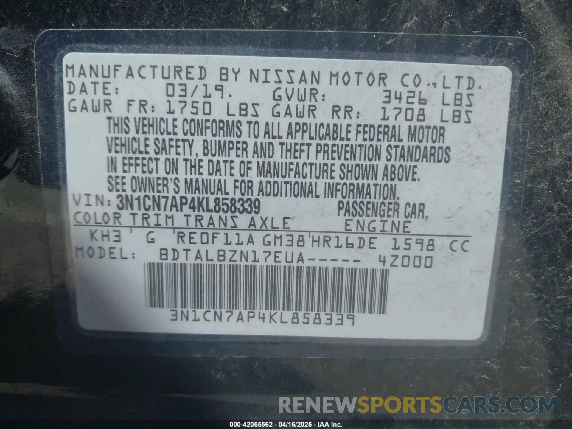 9 Фотография поврежденного автомобиля 3N1CN7AP4KL858339 NISSAN VERSA 2019