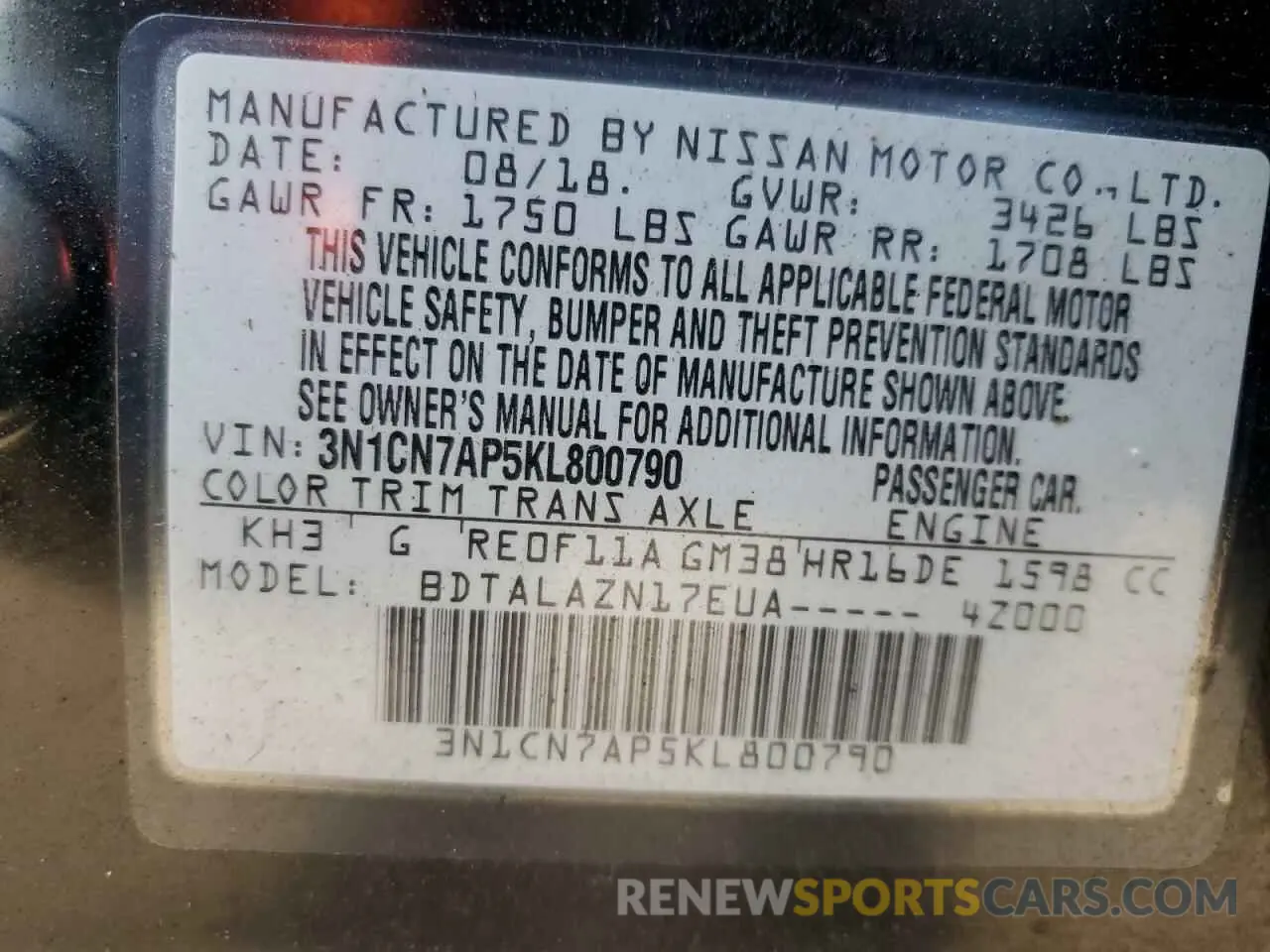 12 Photograph of a damaged car 3N1CN7AP5KL800790 NISSAN VERSA 2019
