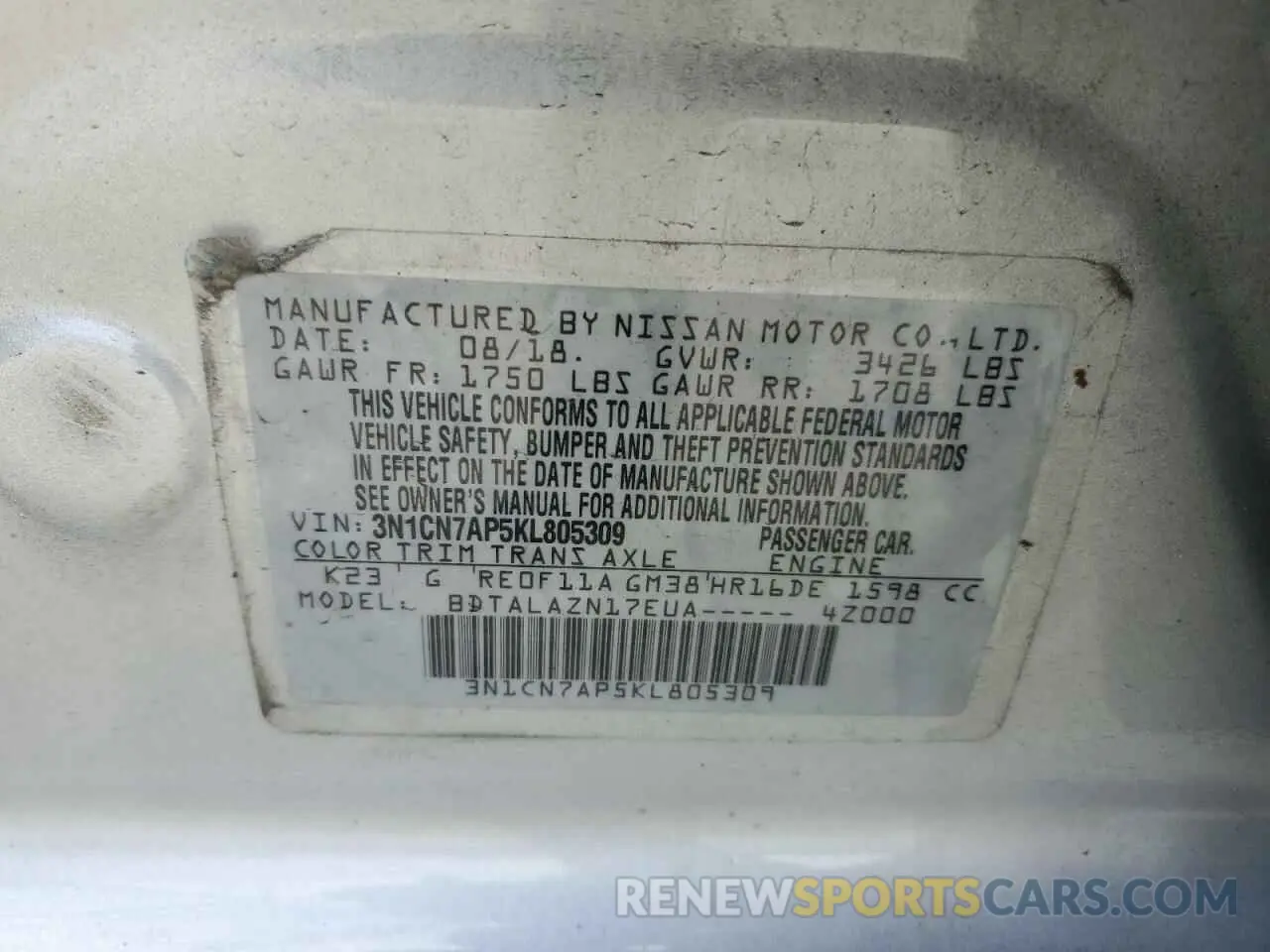 15 Photograph of a damaged car 3N1CN7AP5KL805309 NISSAN VERSA 2019