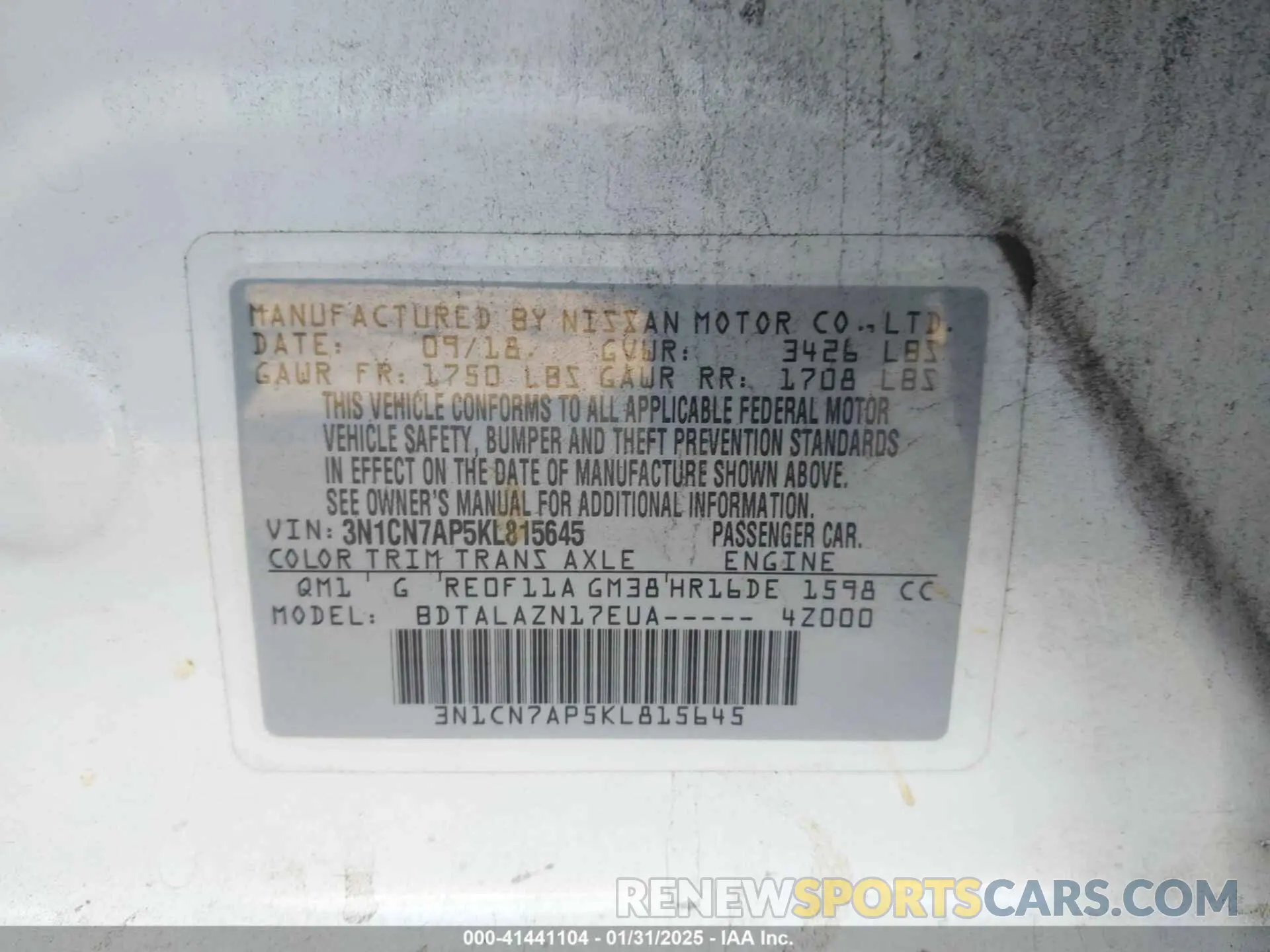 9 Photograph of a damaged car 3N1CN7AP5KL815645 NISSAN VERSA 2019