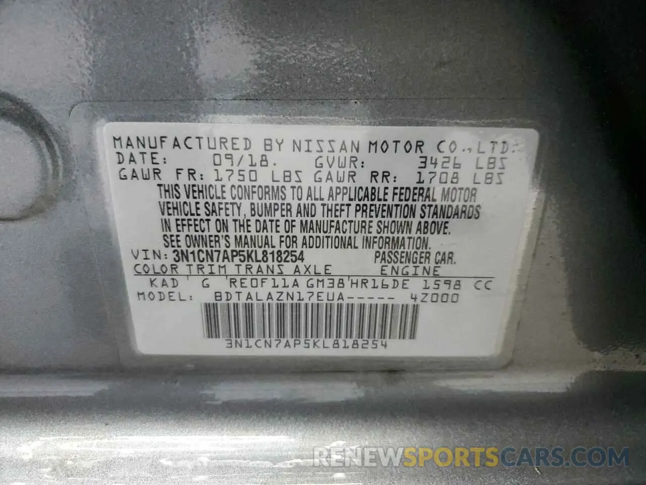 13 Photograph of a damaged car 3N1CN7AP5KL818254 NISSAN VERSA 2019
