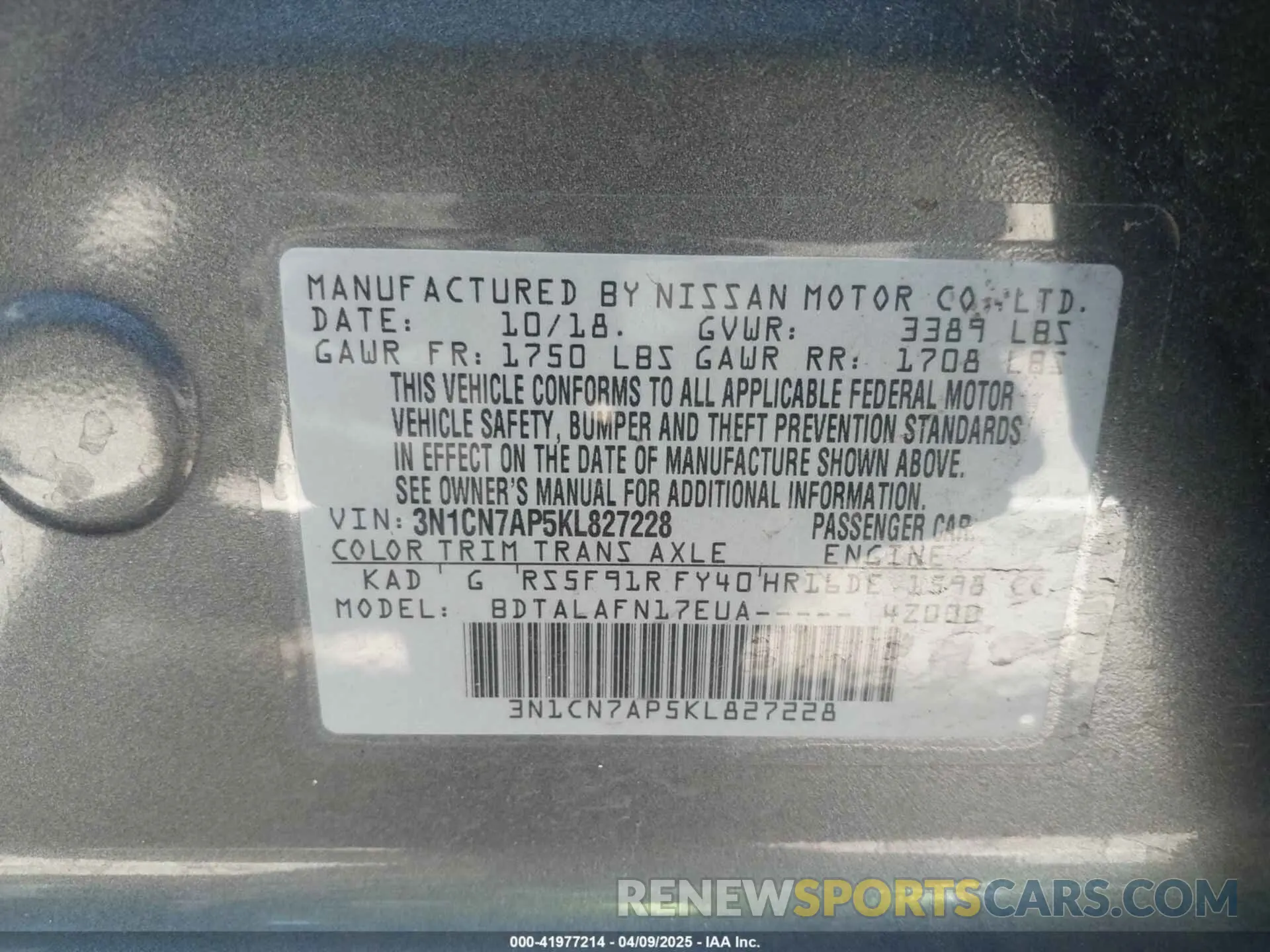 9 Photograph of a damaged car 3N1CN7AP5KL827228 NISSAN VERSA 2019