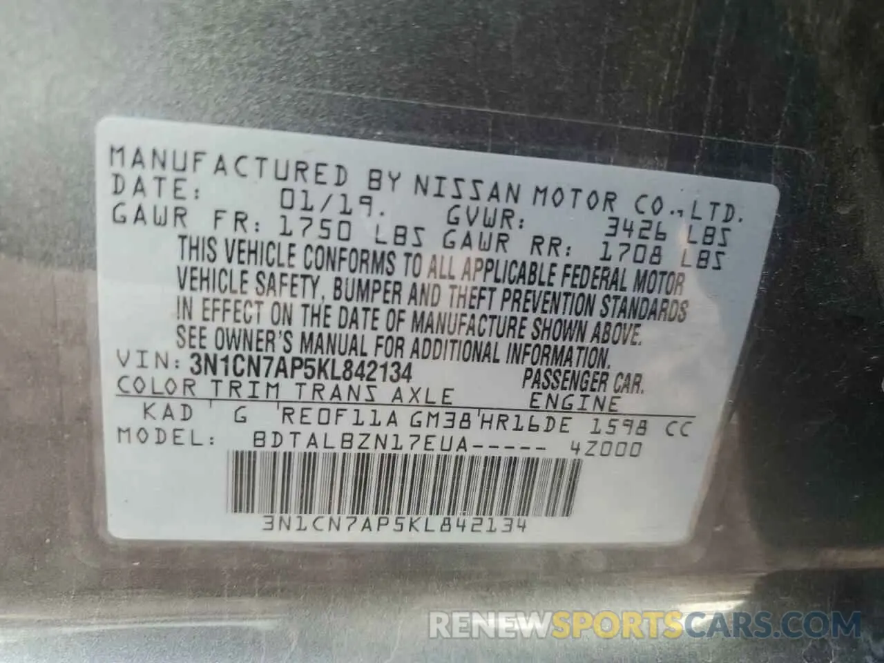 12 Фотография поврежденного автомобиля 3N1CN7AP5KL842134 NISSAN VERSA 2019
