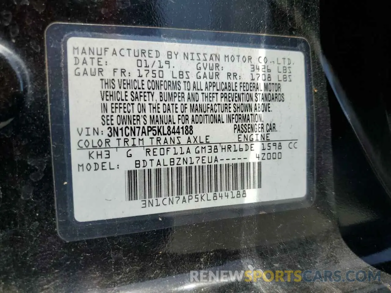 12 Photograph of a damaged car 3N1CN7AP5KL844188 NISSAN VERSA 2019