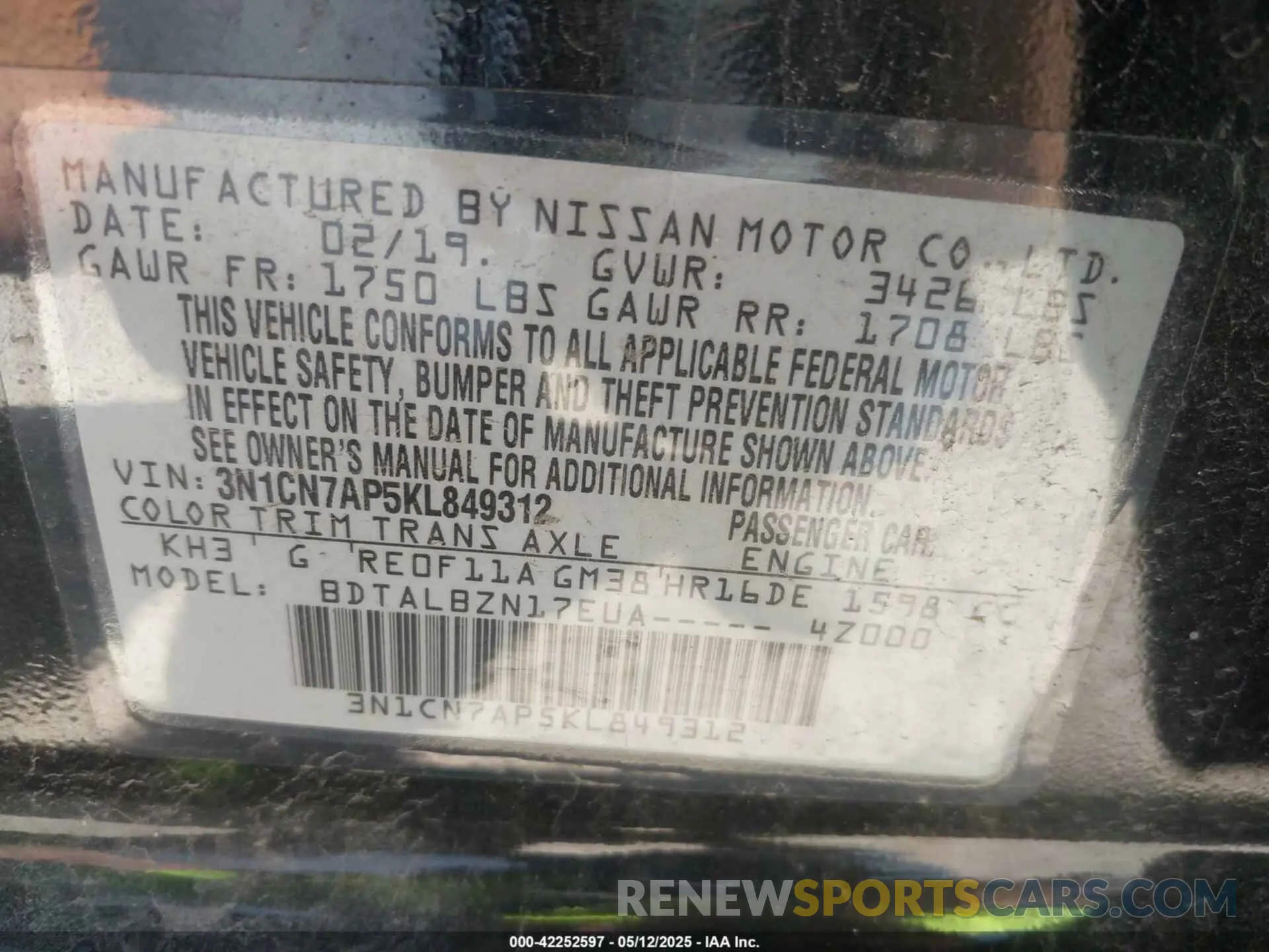 9 Photograph of a damaged car 3N1CN7AP5KL849312 NISSAN VERSA 2019