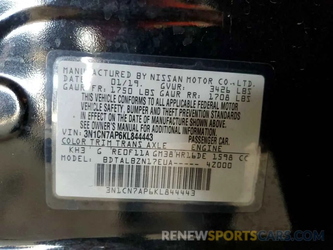 12 Photograph of a damaged car 3N1CN7AP6KL844443 NISSAN VERSA 2019