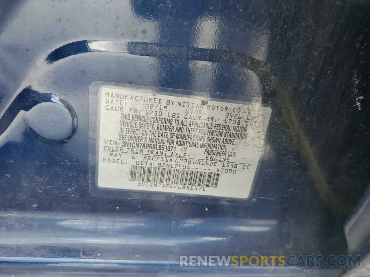 13 Фотография поврежденного автомобиля 3N1CN7AP6KL851571 NISSAN VERSA 2019
