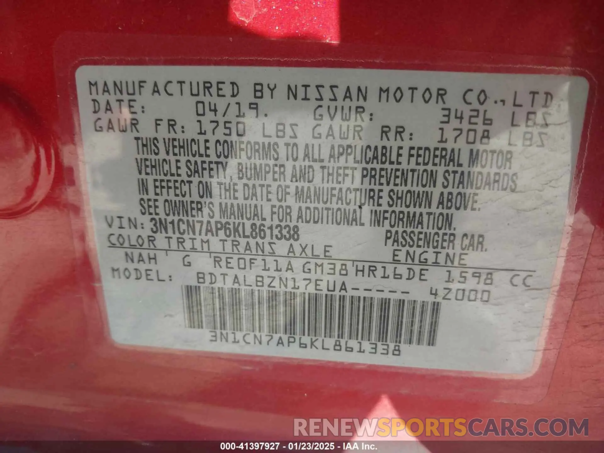 9 Фотография поврежденного автомобиля 3N1CN7AP6KL861338 NISSAN VERSA 2019