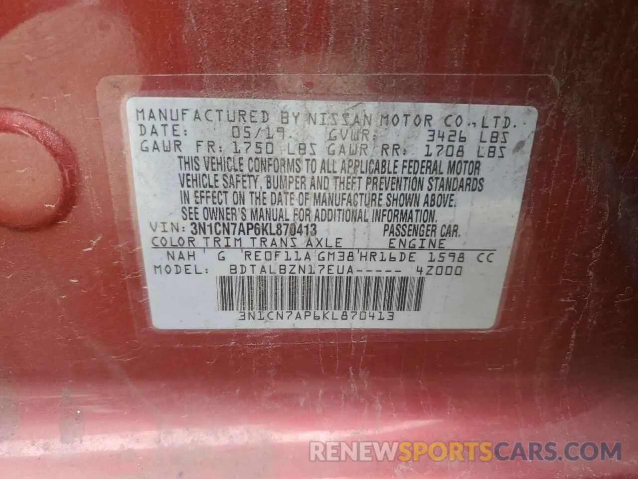 12 Photograph of a damaged car 3N1CN7AP6KL870413 NISSAN VERSA 2019