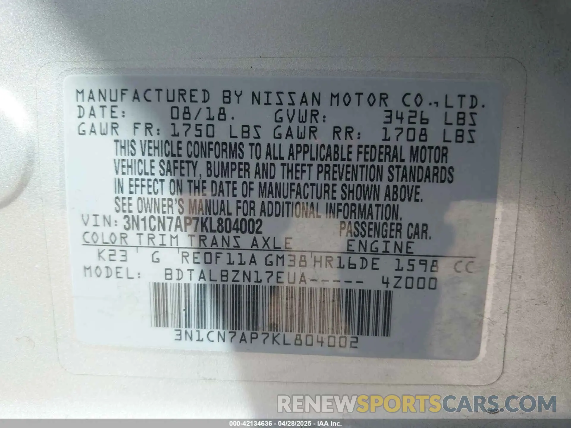 9 Фотография поврежденного автомобиля 3N1CN7AP7KL804002 NISSAN VERSA 2019
