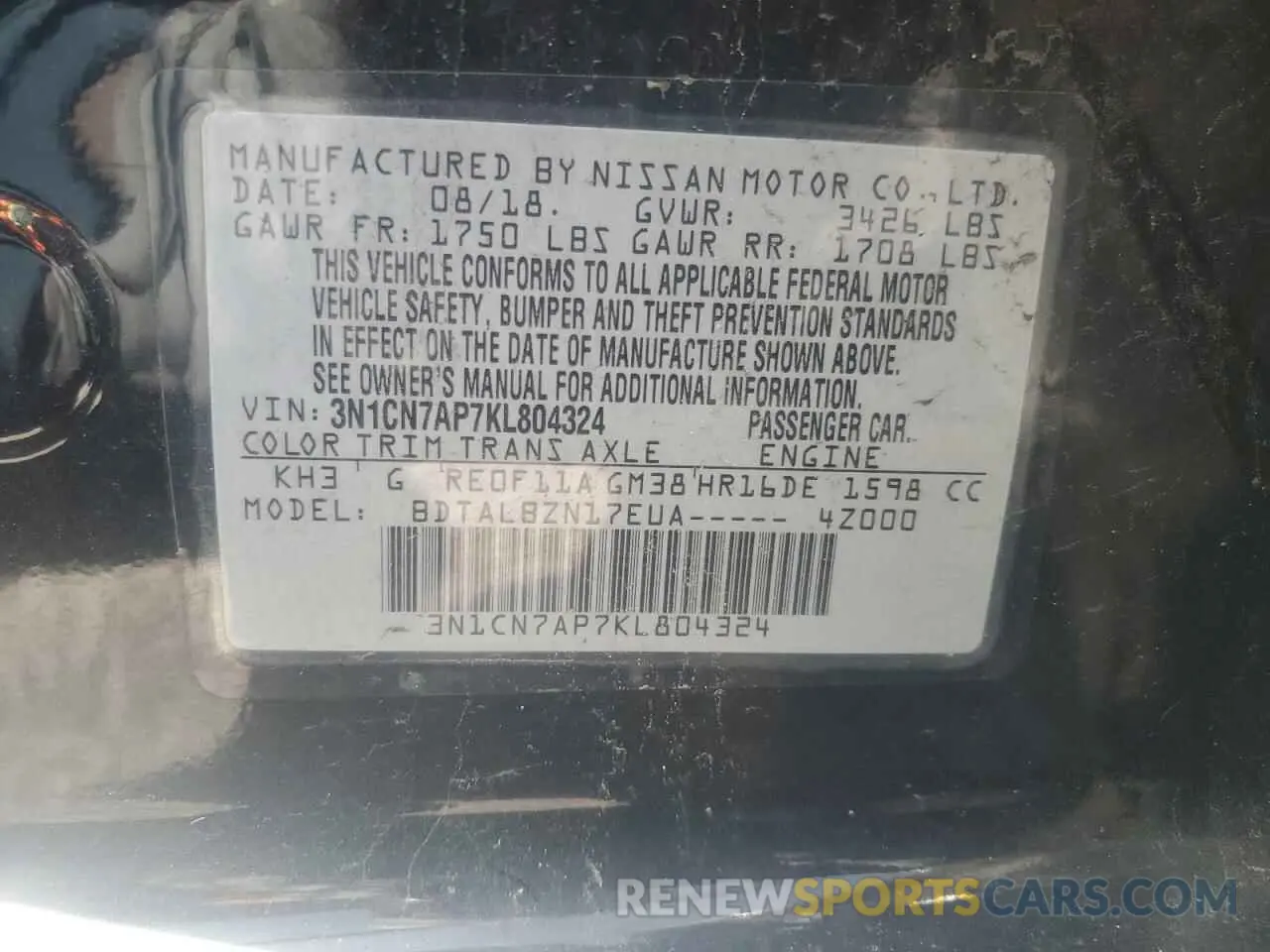 12 Photograph of a damaged car 3N1CN7AP7KL804324 NISSAN VERSA 2019