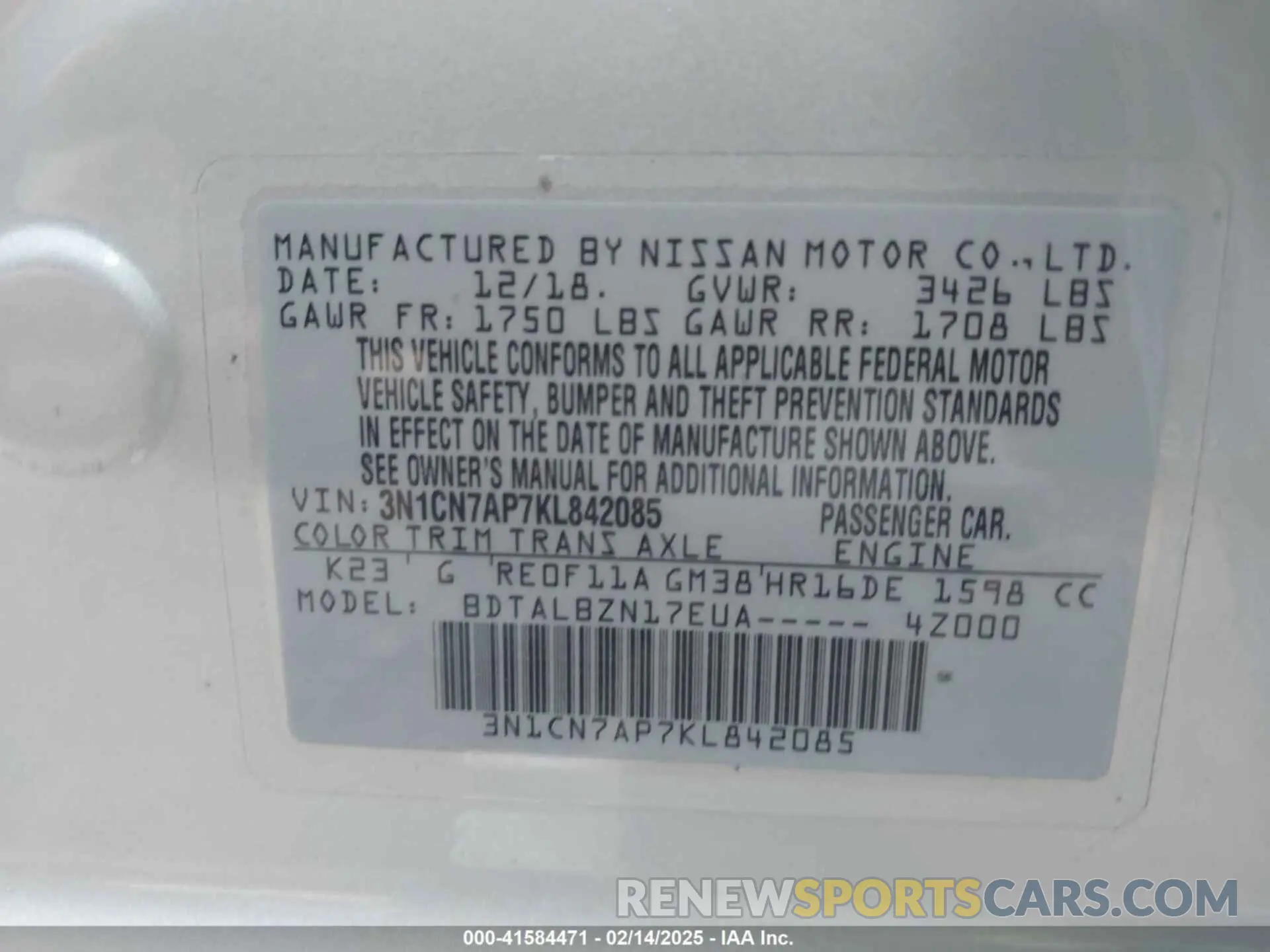 9 Photograph of a damaged car 3N1CN7AP7KL842085 NISSAN VERSA 2019