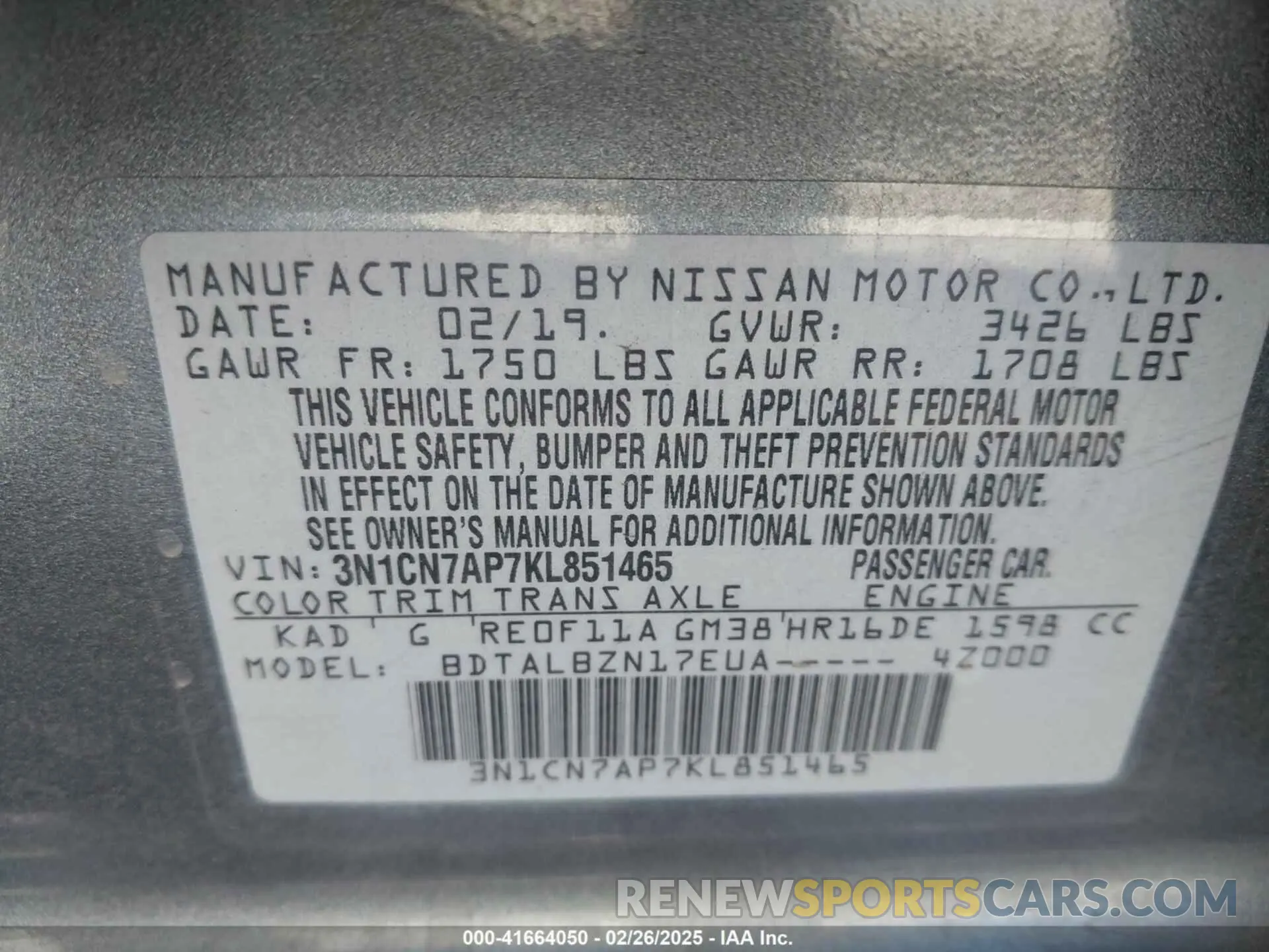 9 Фотография поврежденного автомобиля 3N1CN7AP7KL851465 NISSAN VERSA 2019
