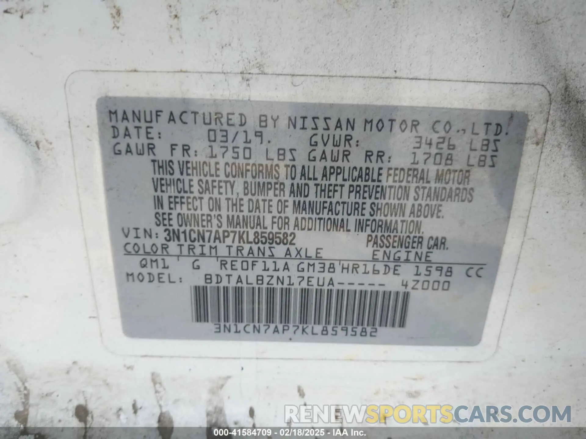 9 Photograph of a damaged car 3N1CN7AP7KL859582 NISSAN VERSA 2019