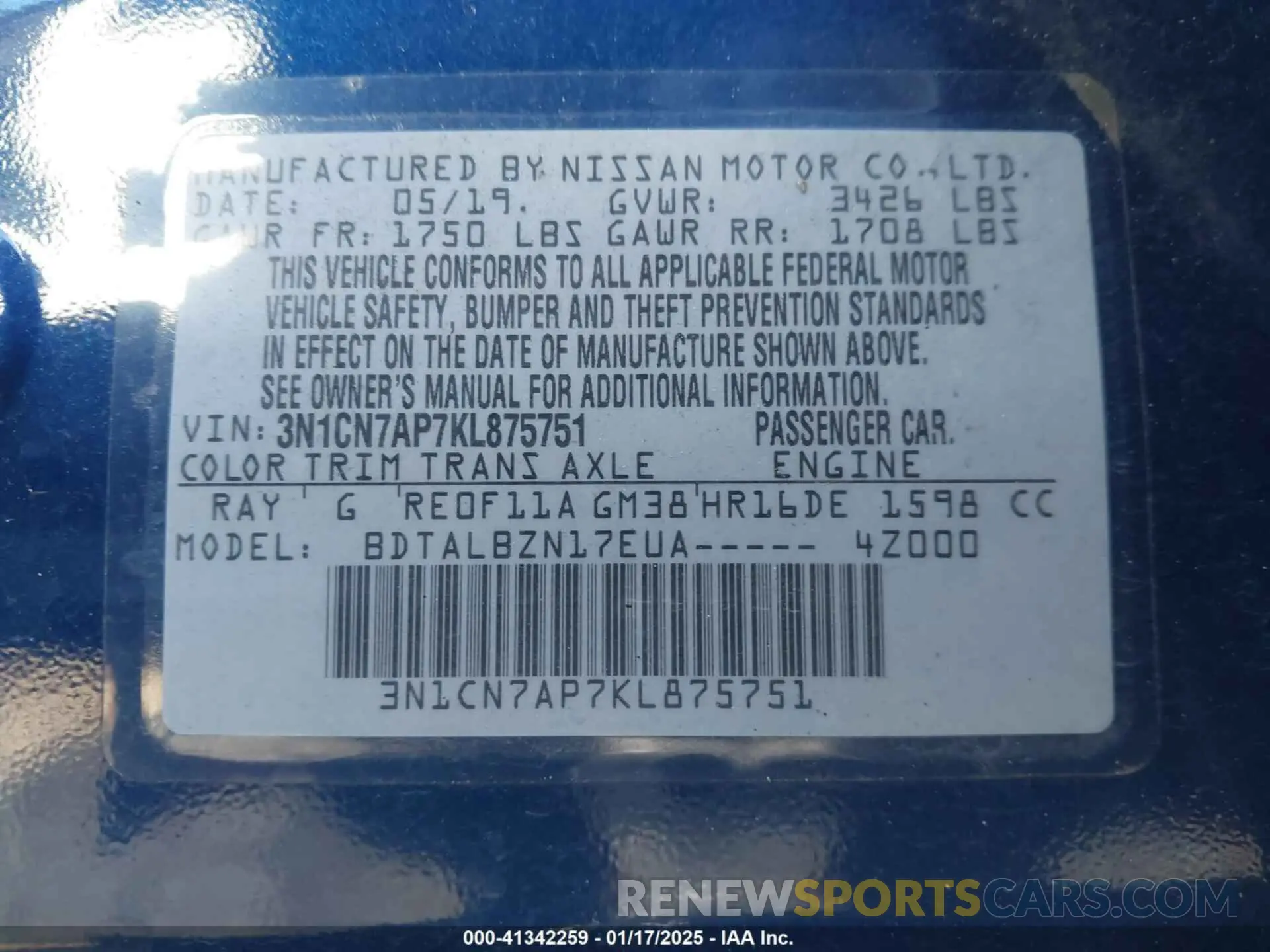 9 Photograph of a damaged car 3N1CN7AP7KL875751 NISSAN VERSA 2019