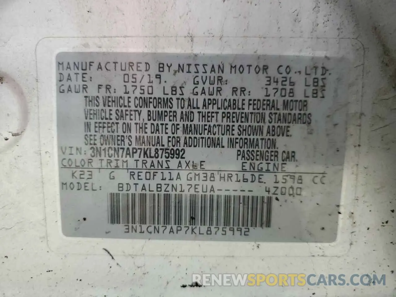 13 Photograph of a damaged car 3N1CN7AP7KL875992 NISSAN VERSA 2019