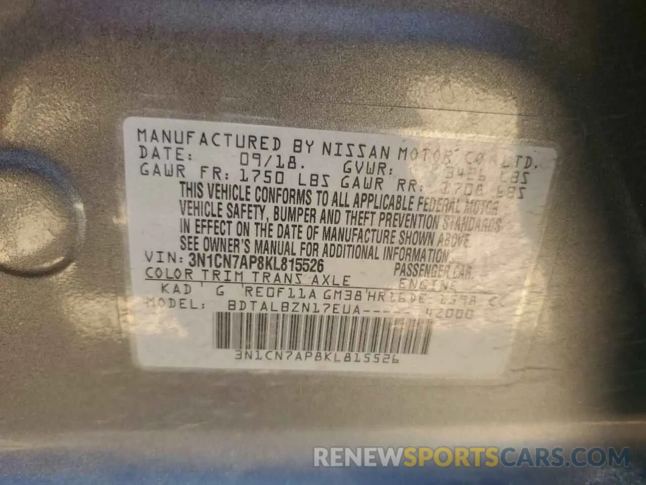 12 Photograph of a damaged car 3N1CN7AP8KL815526 NISSAN VERSA 2019