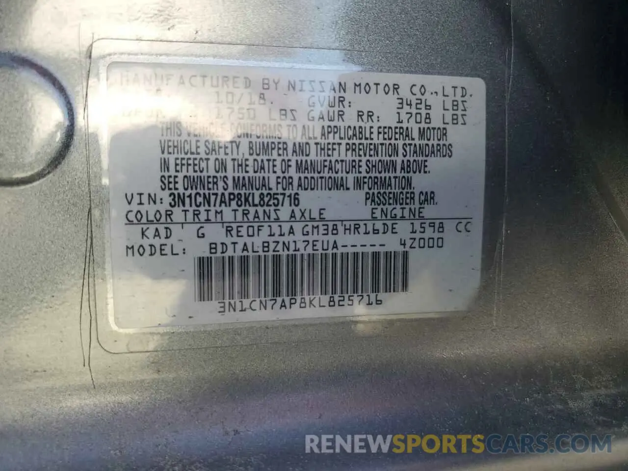 12 Фотография поврежденного автомобиля 3N1CN7AP8KL825716 NISSAN VERSA 2019