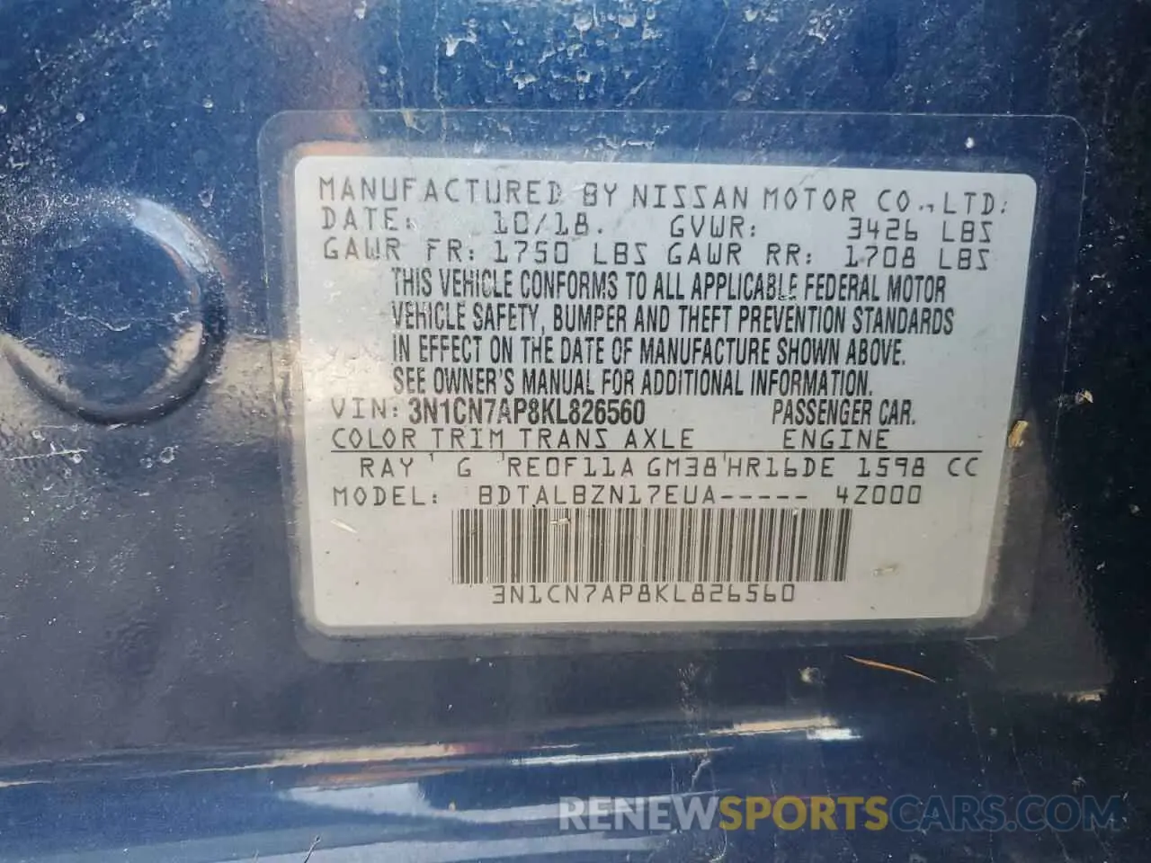 12 Фотография поврежденного автомобиля 3N1CN7AP8KL826560 NISSAN VERSA 2019