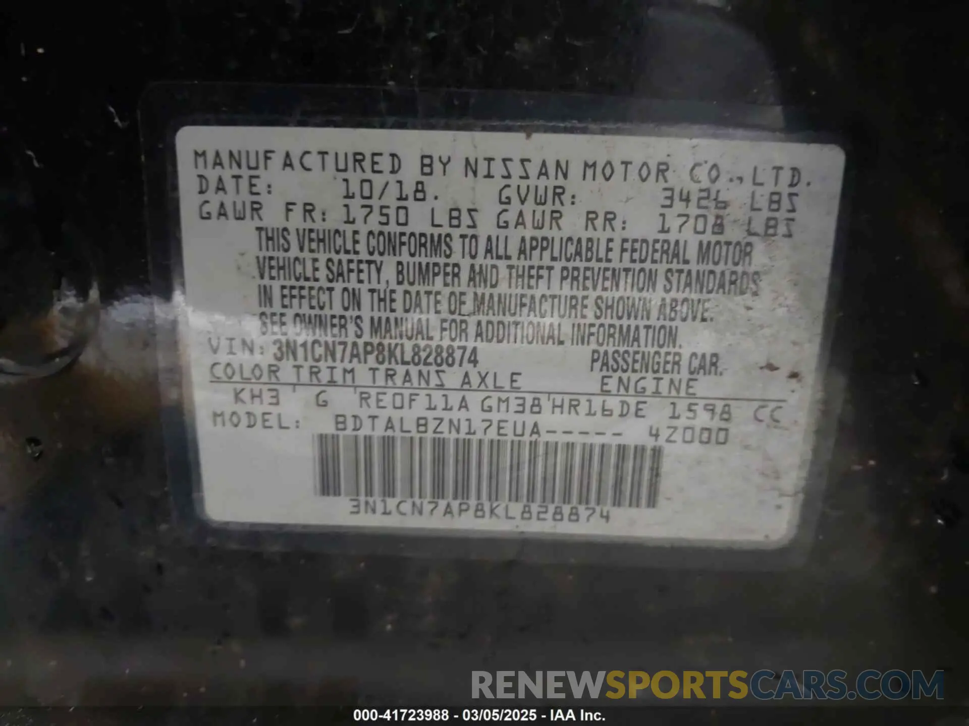 9 Фотография поврежденного автомобиля 3N1CN7AP8KL828874 NISSAN VERSA 2019