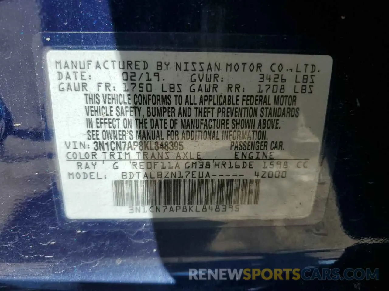 14 Фотография поврежденного автомобиля 3N1CN7AP8KL848395 NISSAN VERSA 2019