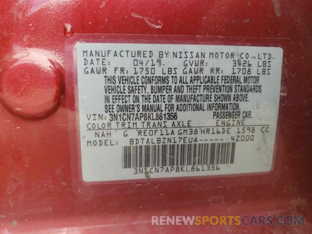 13 Photograph of a damaged car 3N1CN7AP8KL861356 NISSAN VERSA 2019