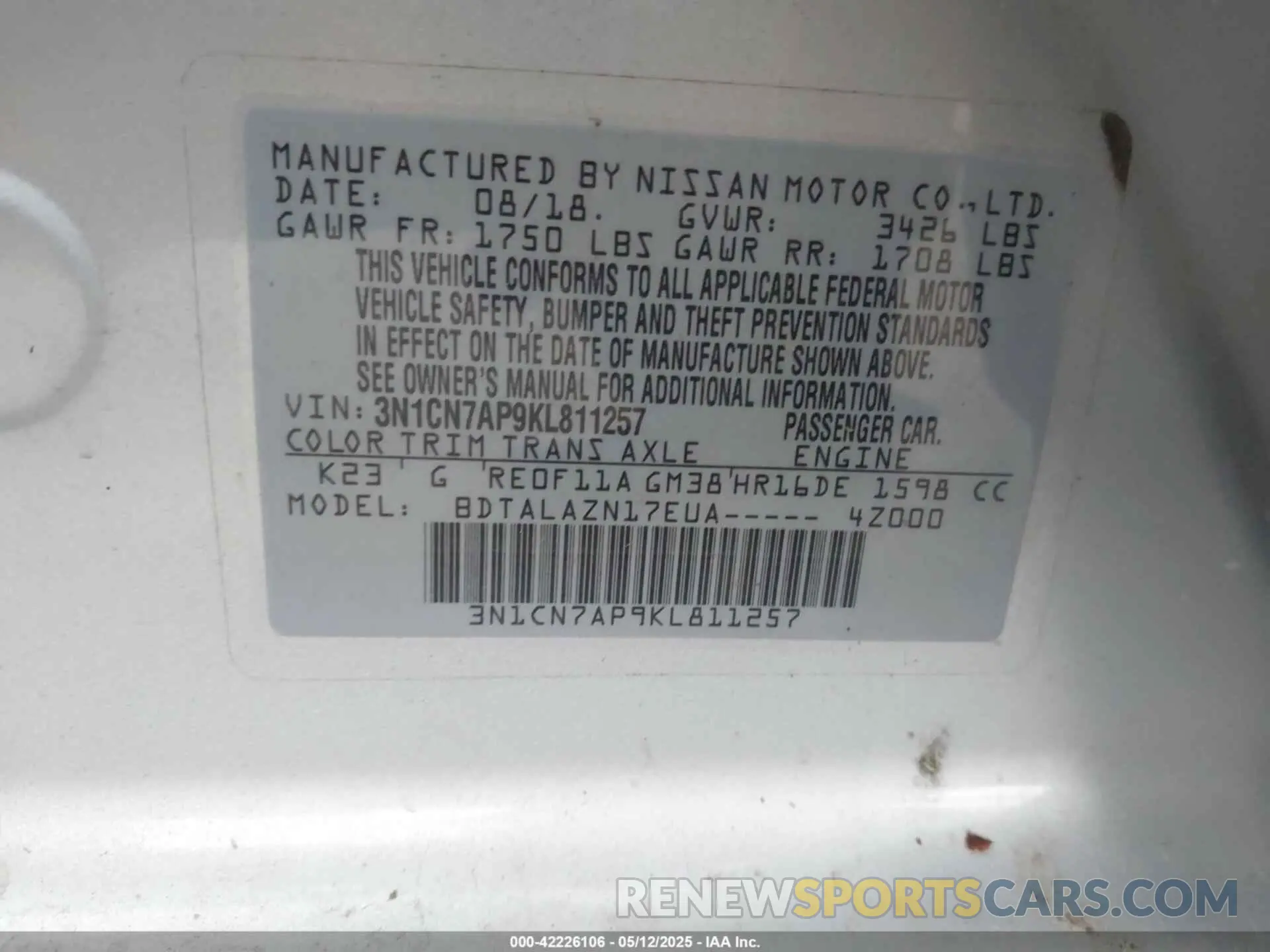 9 Photograph of a damaged car 3N1CN7AP9KL811257 NISSAN VERSA 2019