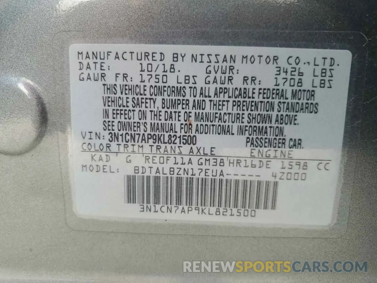 12 Фотография поврежденного автомобиля 3N1CN7AP9KL821500 NISSAN VERSA 2019