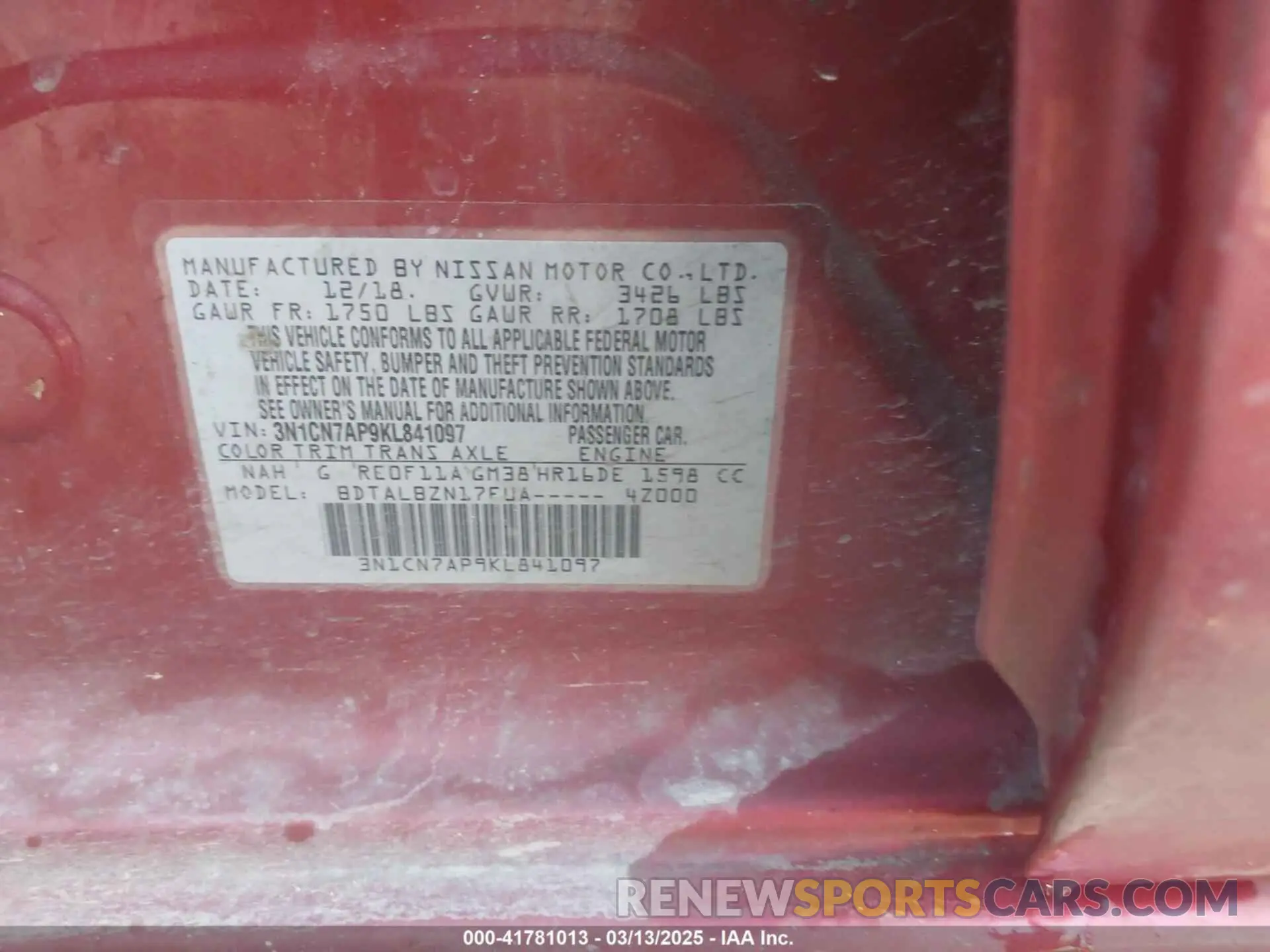 9 Photograph of a damaged car 3N1CN7AP9KL841097 NISSAN VERSA 2019