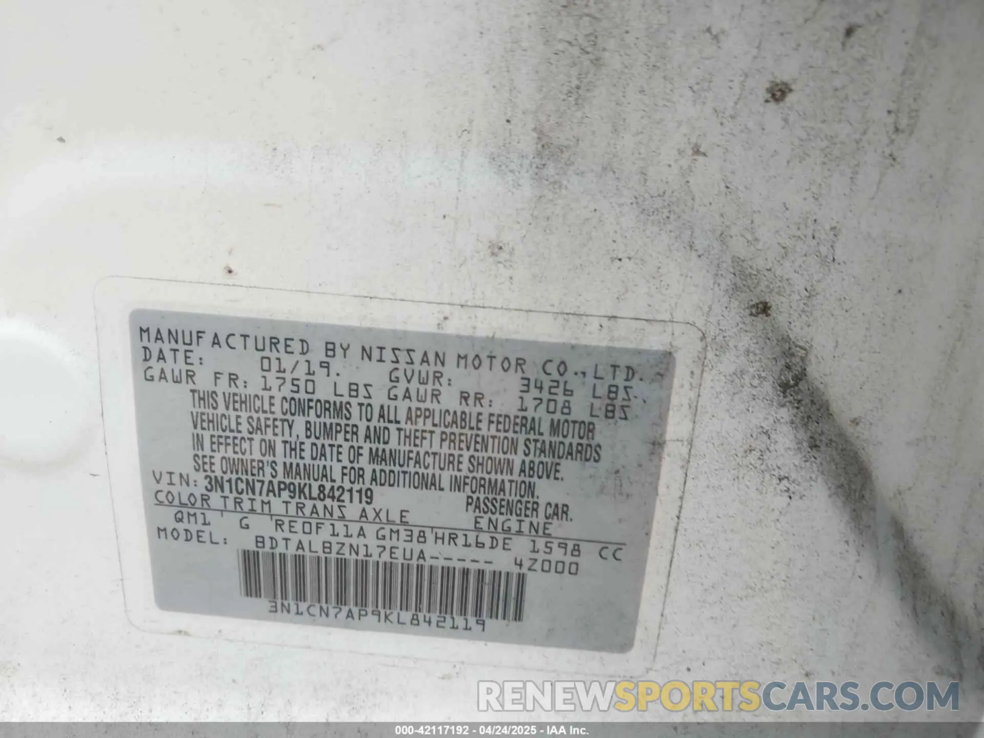 9 Фотография поврежденного автомобиля 3N1CN7AP9KL842119 NISSAN VERSA 2019