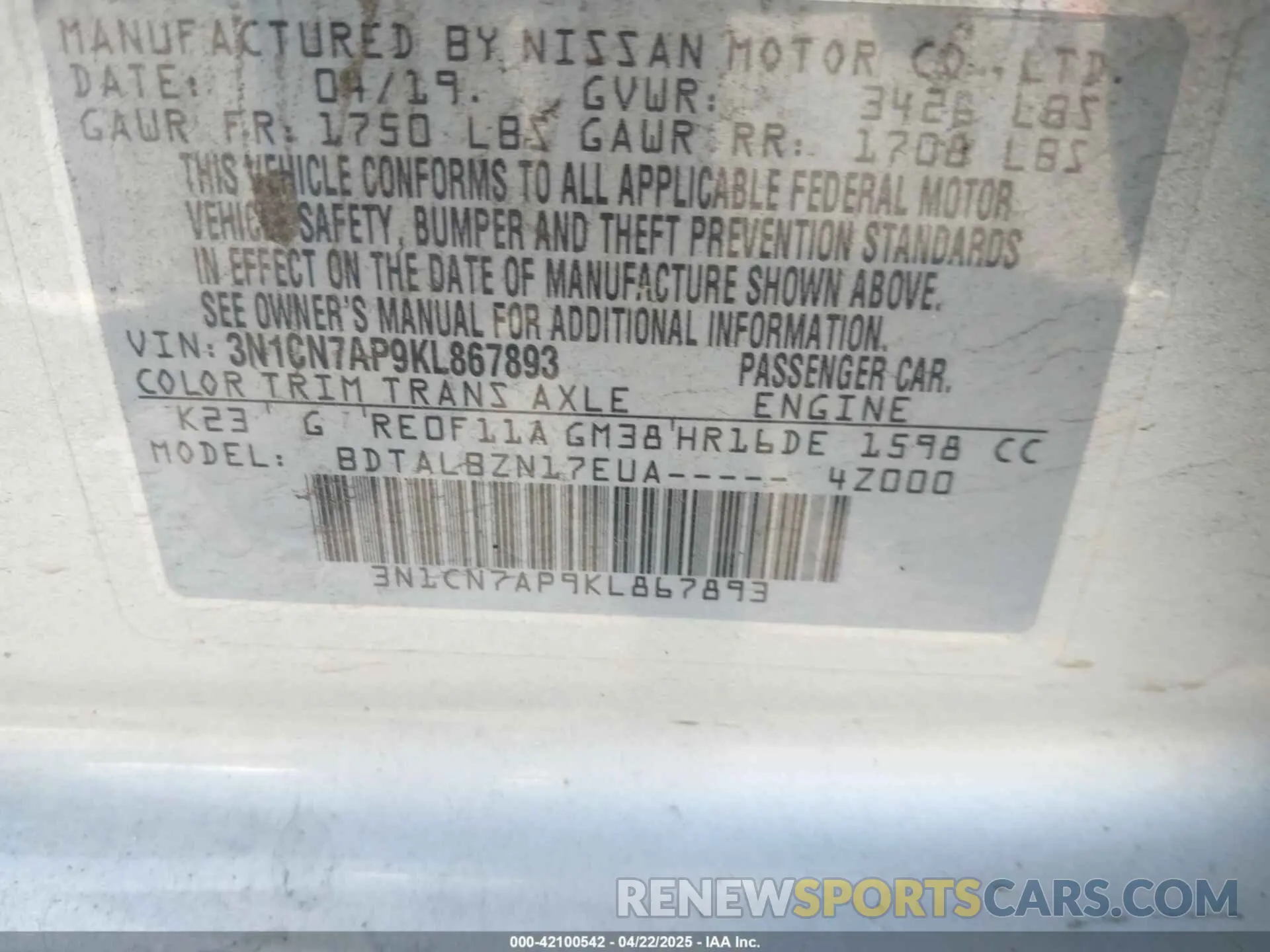 9 Фотография поврежденного автомобиля 3N1CN7AP9KL867893 NISSAN VERSA 2019