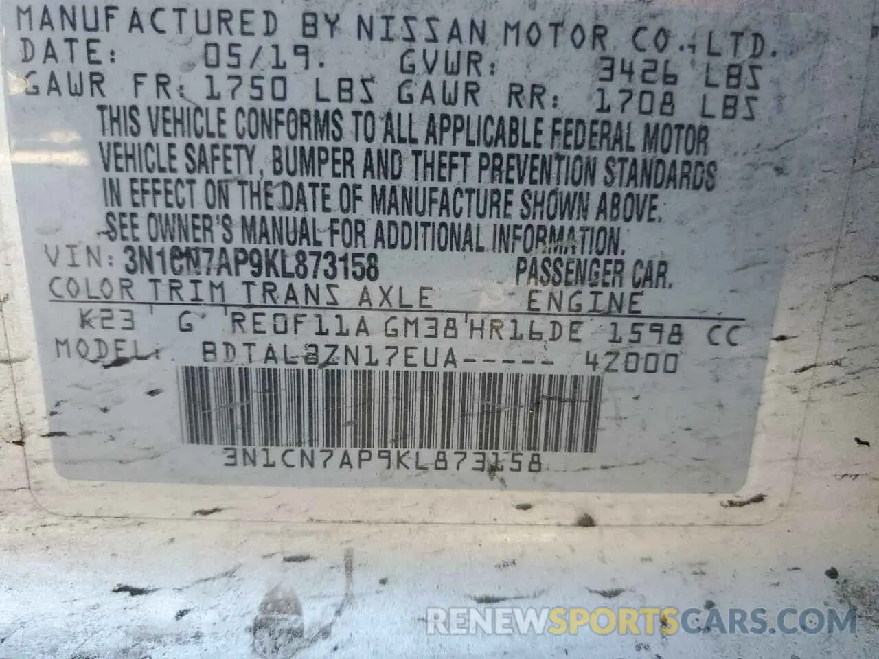 13 Фотография поврежденного автомобиля 3N1CN7AP9KL873158 NISSAN VERSA 2019