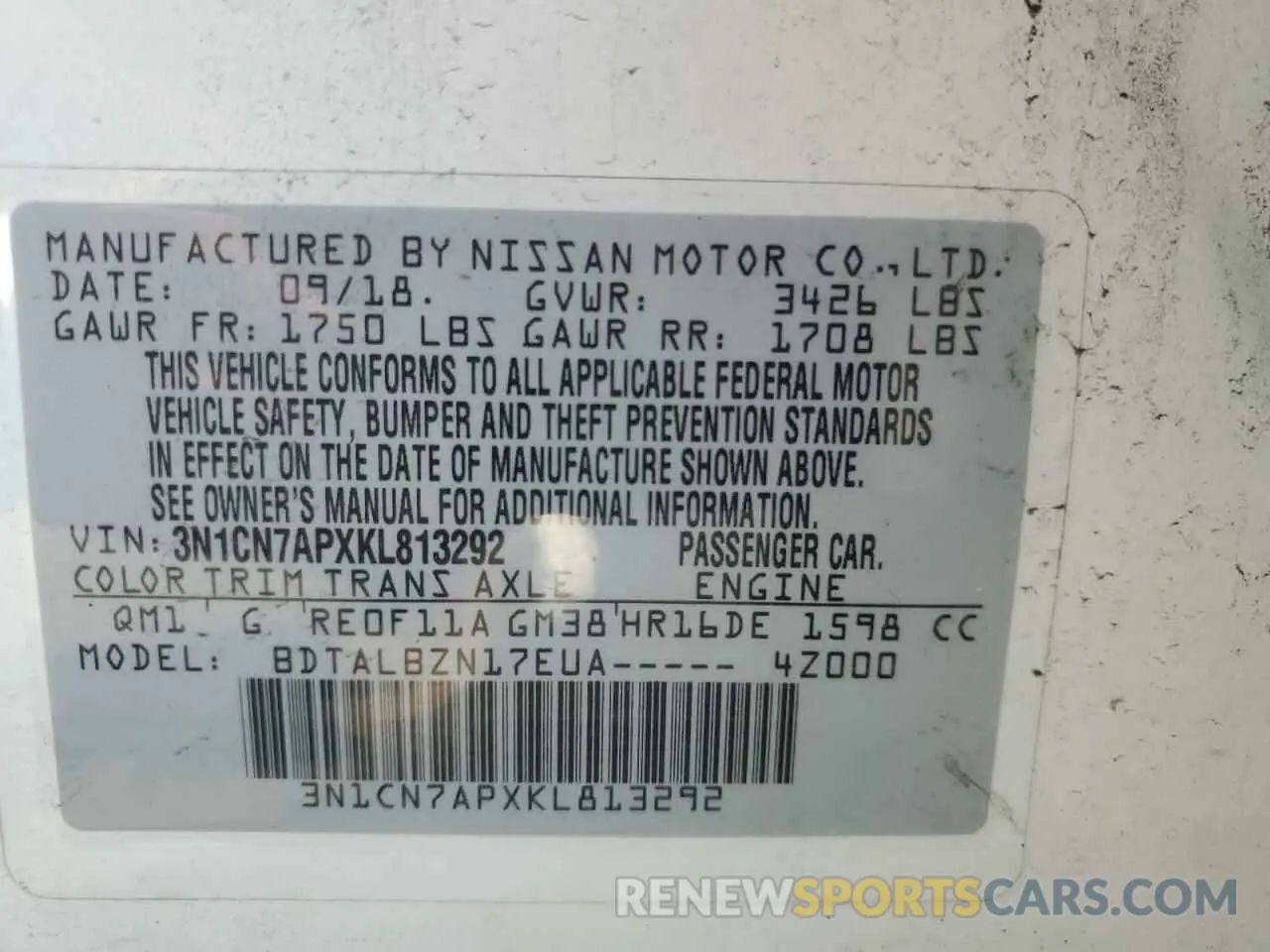 12 Photograph of a damaged car 3N1CN7APXKL813292 NISSAN VERSA 2019