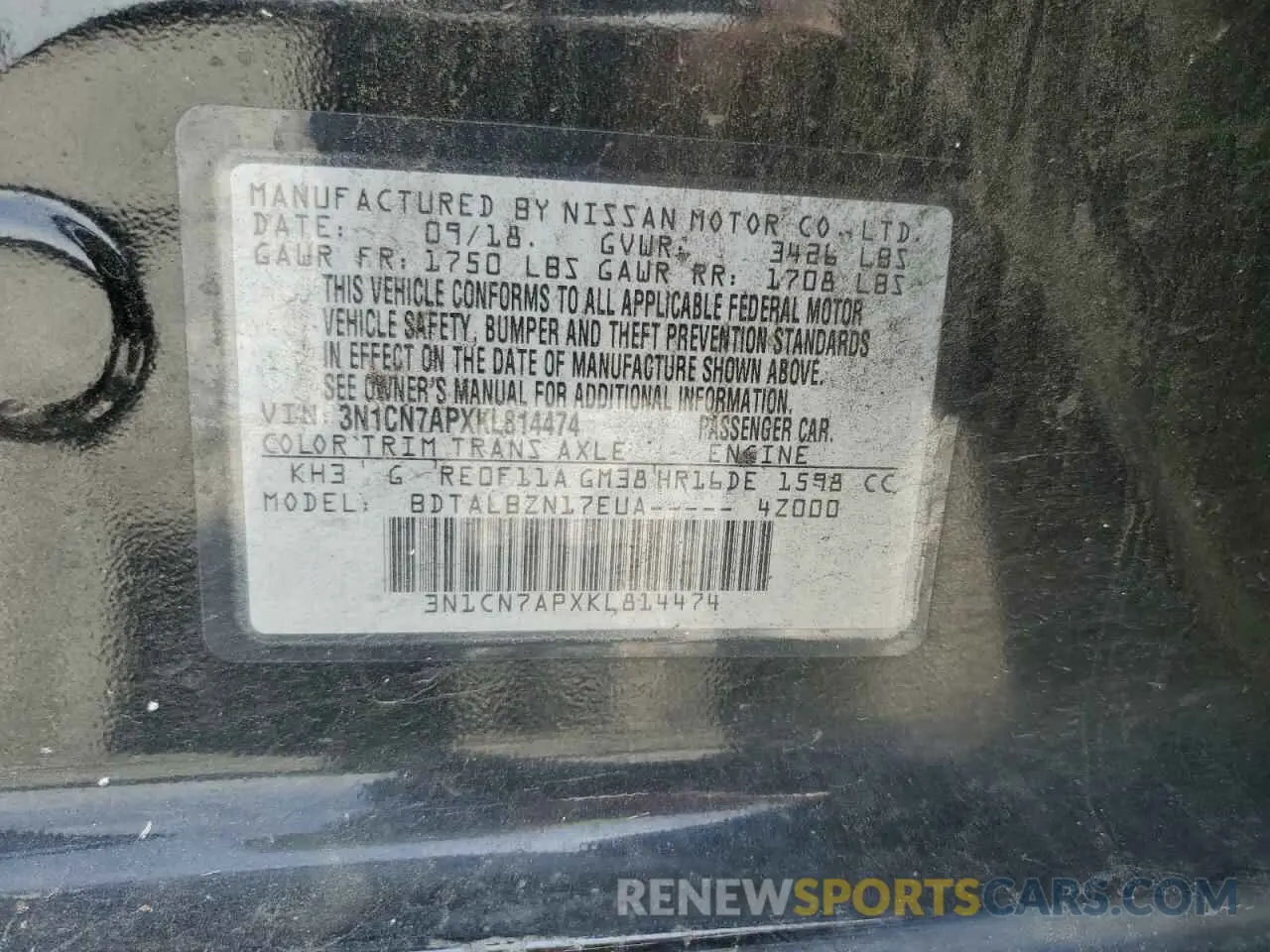 13 Photograph of a damaged car 3N1CN7APXKL814474 NISSAN VERSA 2019