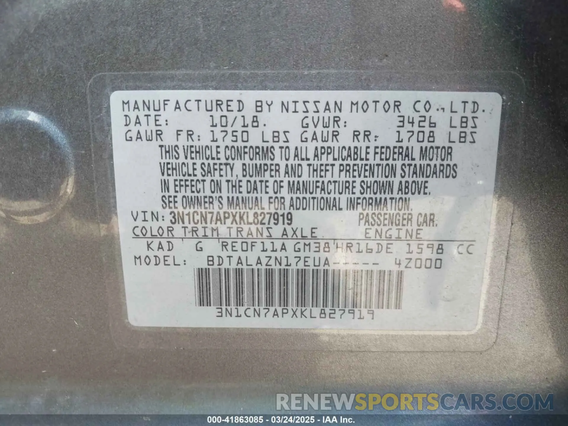 9 Photograph of a damaged car 3N1CN7APXKL827919 NISSAN VERSA 2019