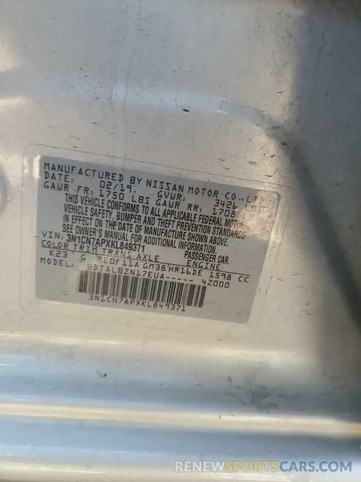 12 Photograph of a damaged car 3N1CN7APXKL849371 NISSAN VERSA 2019
