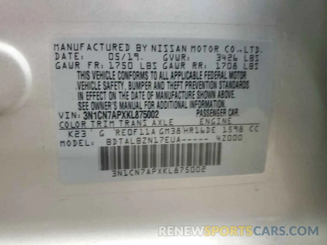12 Photograph of a damaged car 3N1CN7APXKL875002 NISSAN VERSA 2019